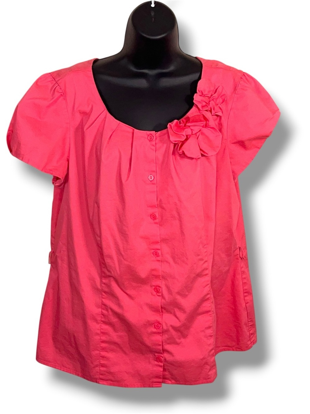 Y2K XL Coral East 5th Short Puff Sleeve Button Up Top Floral Rosette Accent